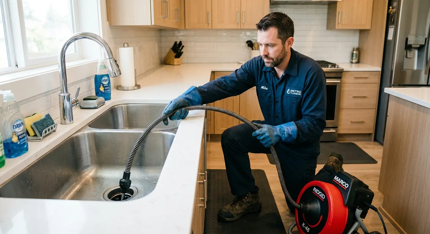 Drain cleaning technician using a motorized snake on a kitchen sink in Joliet